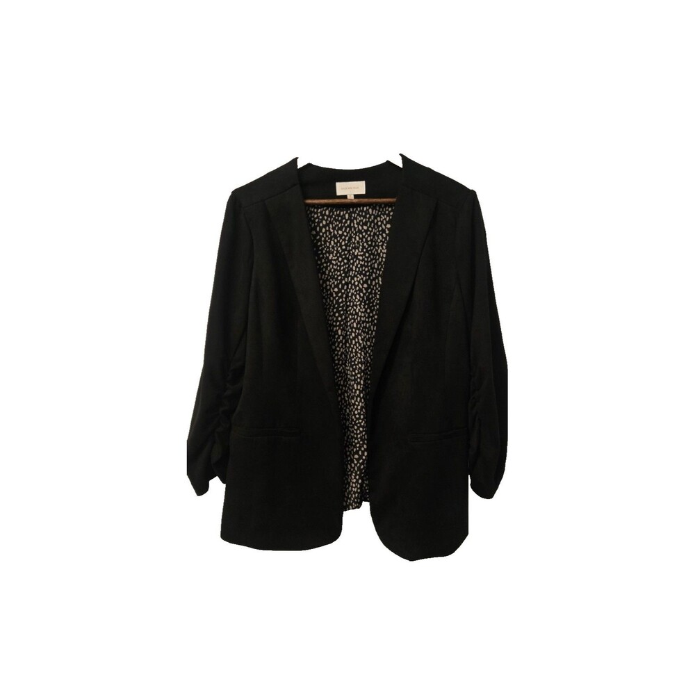 Black Faux Suede Blazer Ruched 3/4 Sleeve Open Front Dark Academia Goth L